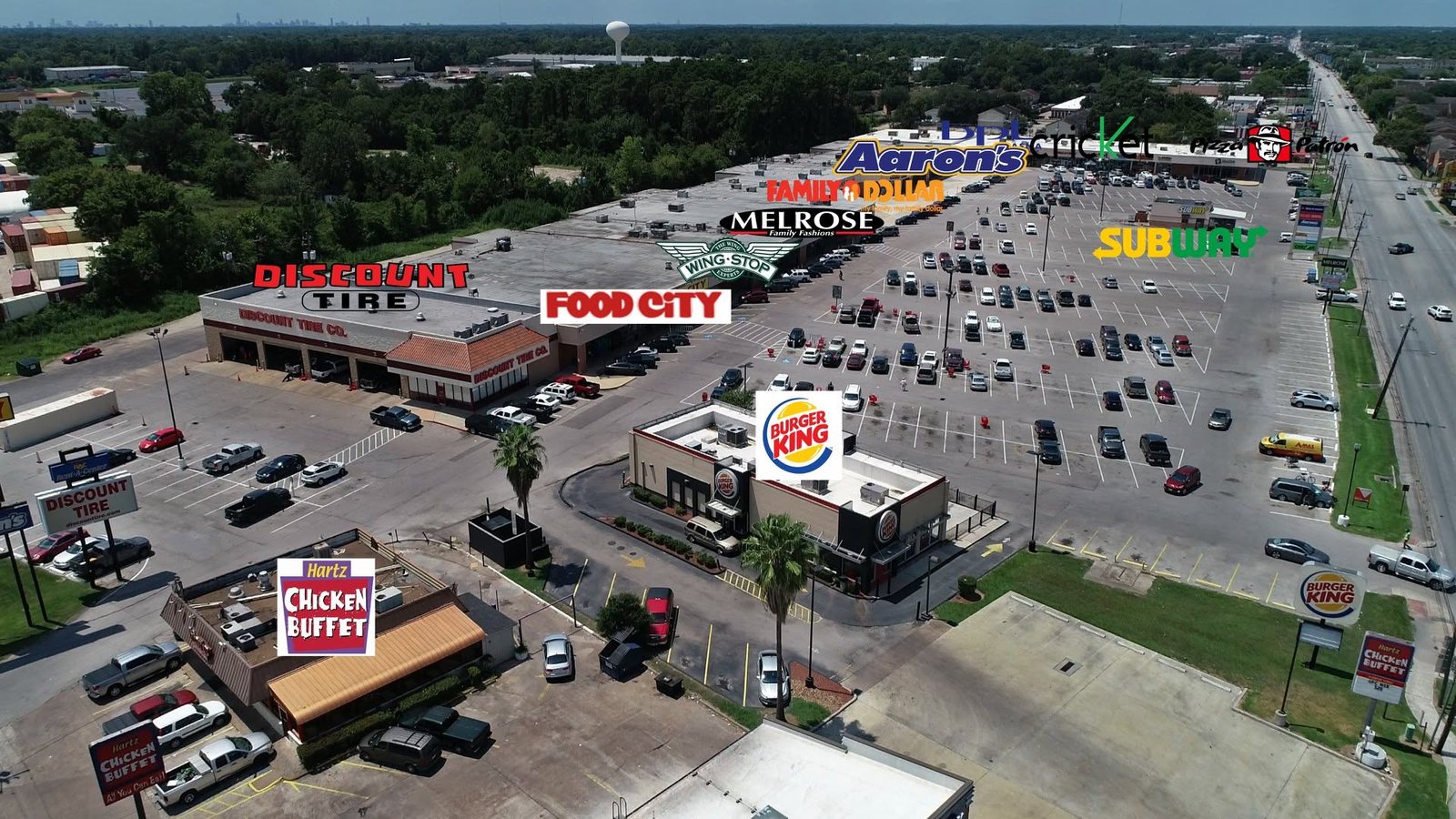 Neighborhood retail center from above with national and local tenants